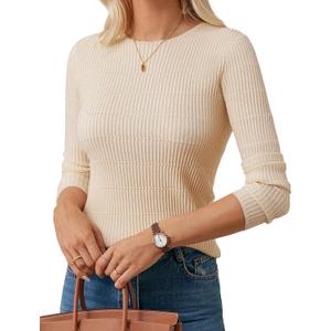 GRACE KARIN Womens Spring Wool Blend Sweater Tops, Long Sleeve Ribbed Pullover, 2026 Knitted Casual Blouse (Medium, Apricot)