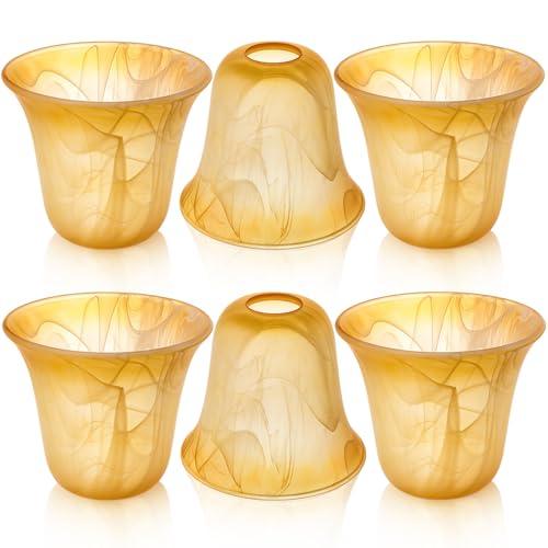 Teenyyou 6 Pcs Bell Shaped Glass Lamp Shade E26 Replacement Globe Ceiling Fan Light Cover with 1-5/8'' Fitter Opening for Chandelier Wall Sconce Pendant Light Bathroom Vanity Fixture (Amber Marble)