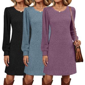 3 Pack Women's Long Sleeve Sweater Dress Ribbed Knit Crew Neck Tunic Dresses 2025 Fall Casual Trendy Outfits (Medium, Fuchsia, Blue, Black)