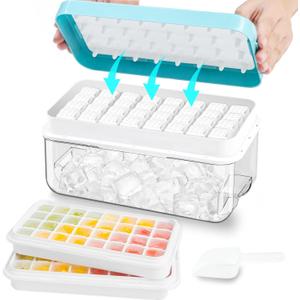 Ice Cube Tray with Lid and Bin, ZZWILLB 64 pcs Ice Trays for Freeze with 2 Trays, Ice Cube Pop Out Tray for Freezer, Ice Cube Molds, BPA Free, Easy Release Stackble Spill-Resistant (Blue)