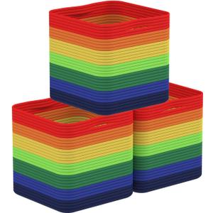 Storage Cotton Cubes 11 Inch, Woven Cotton Rope Storage Baskets for Toys Blanket Organizing, Storage Bins Decorative Organizer with Handles for Living Room Laundry Room Closet (3 Pack, Rainbow)