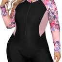 IDOPIP Plus Size One Piece Swimsuit for Women Tummy Control Bathing Suit Sun Protection UPF 50+ Rash Guard Surfing Swimwear (Large, Black + Pink Floral)
