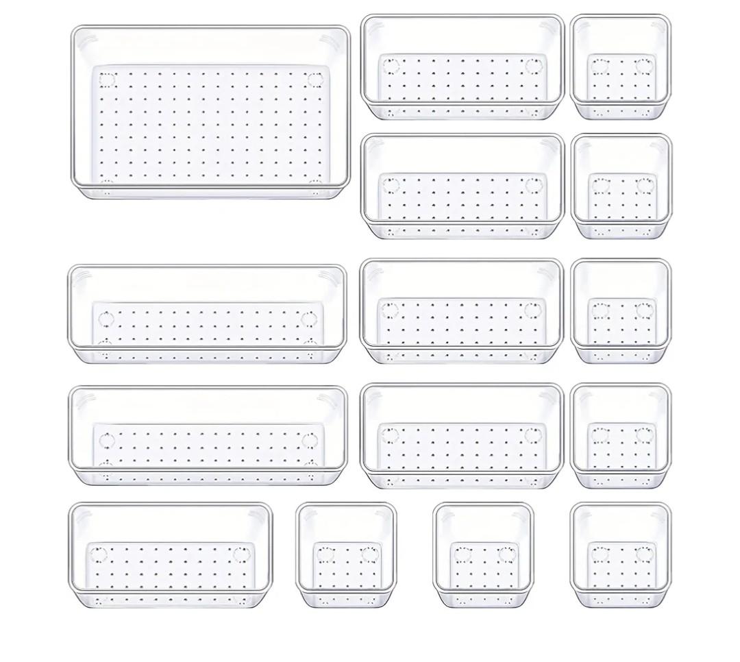 Drawer Organizers Set of 15, 4 Sizes Clear Plastic Drawer Organizers and Storage Bins for Kitchen, Bathroom, Office, Dresser Desk Drawer Organizer Tray for Jewelry, Makeup, Junk, Gadgets