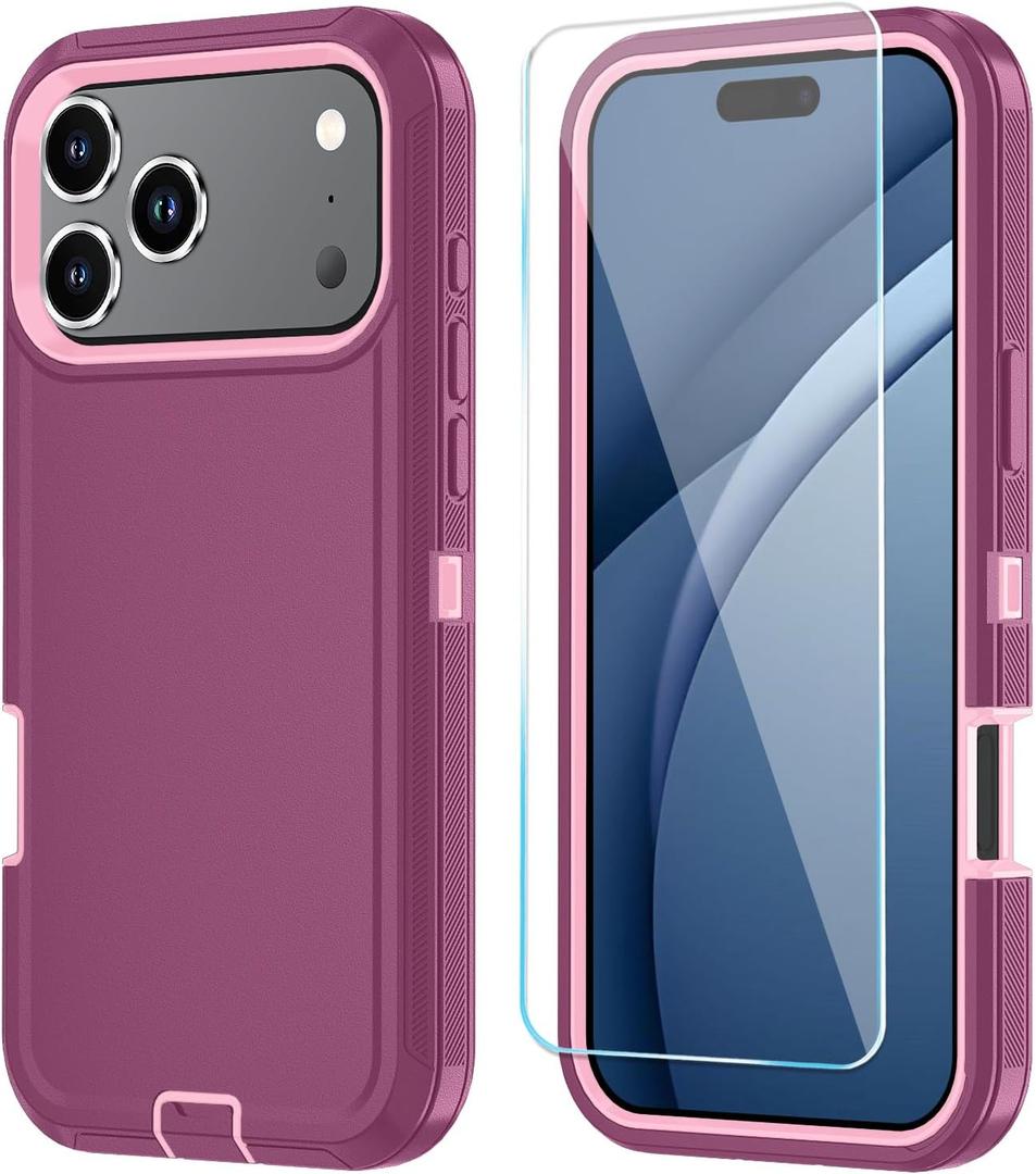4 x Compatible with iPhone 17 Pro Max Case with HD Screen Protector, Heavy Duty Shockproof & DustProof & Dropproof 3-Layer Cover for iPhone 17 Pro Max, WineRedPink