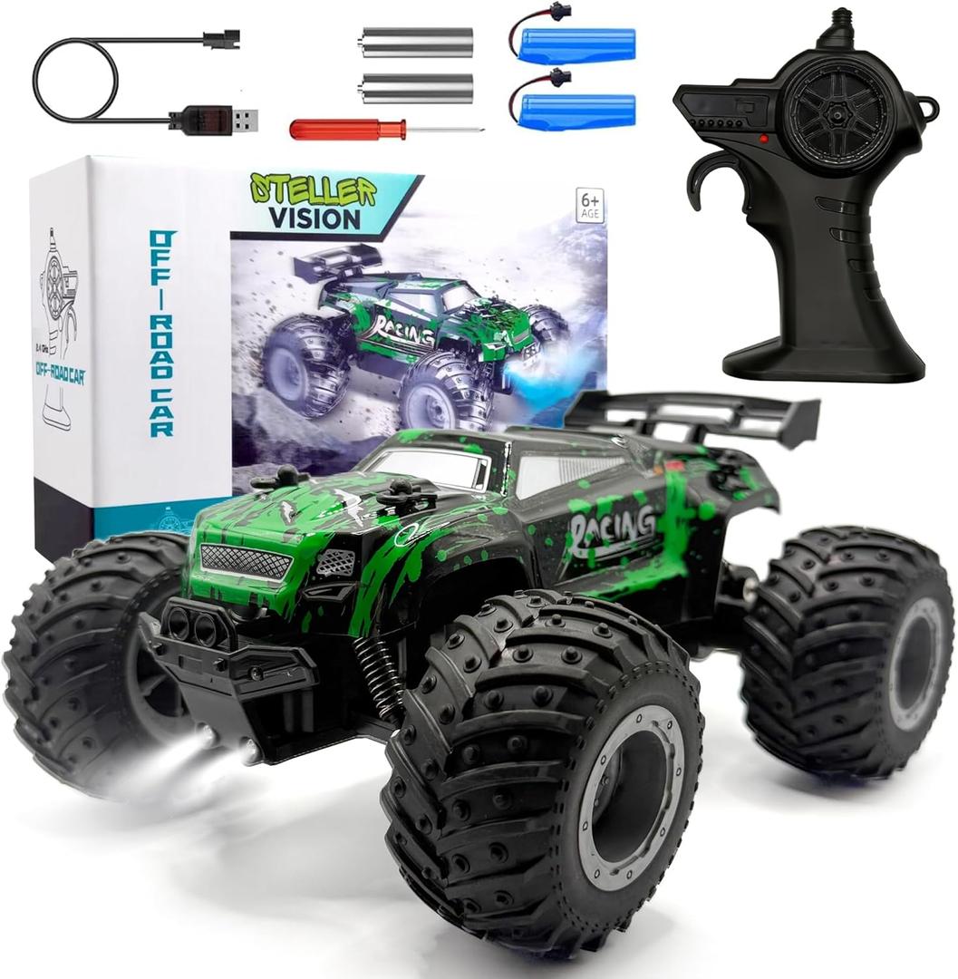 Remote Control Car, 2.4GHz High Speed 18KM/H Monster Truck Toys, 4WD RC Car with 2 Rechargeable Batteries, 200ft Range, 1:20 Scale All Terrain RC Cars, Toys Gifts for Kids and Adults - LED Headlights