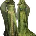 Women's Medieval Lace-up Vintage Hooded Cloak Robe Adult Costume Retro Cosplay Long Dress Halloween Party Costume (Green)