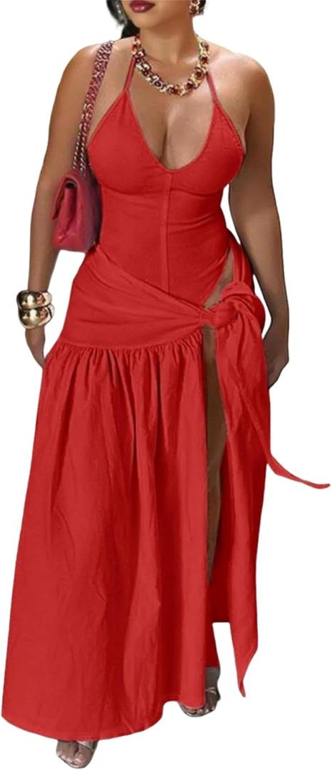 Womens Summer 2 Piece Maxi Skirt Sets Sexy Halter V Neck Backless Thong Bodysuits Wrap Beach Cover Ups Vacation Outfits (Large, Red)