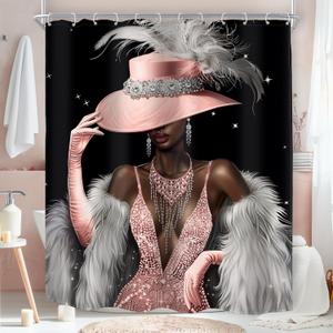 MESHELLY Pink Black Girl Shower Curtain 60Wx72H Modern African American White Fashion Dress Diamond Luxury Bathroom Curtain Elegant Bath Curtain Cloth Fabric Bathroom Accessories Decor with 12 Hooks (60"W x 72"L (Pack of 1), 07pink White)