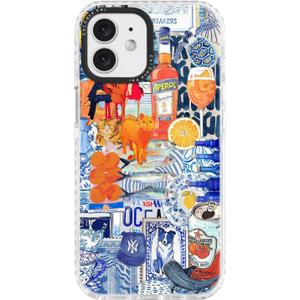 for iPhone 12 mini Case, Mediterranean Aperol Collage Pattern, Military-Grade Drop Protection, Playful Coastal Soft Slim TPU Protective Cover with Camera Protection for Women & Girls (BeachsidePub)