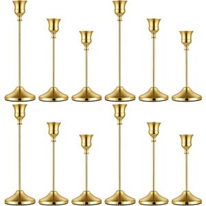 12 PCS Gold Metal Taper Candle Holders, Candlestick Holders, 7cm Diameter Taper Candle Holder Bulk for Table Centerpieces Candlesticks for Wedding Christmas Home Party Table Decor-23/19/16cm