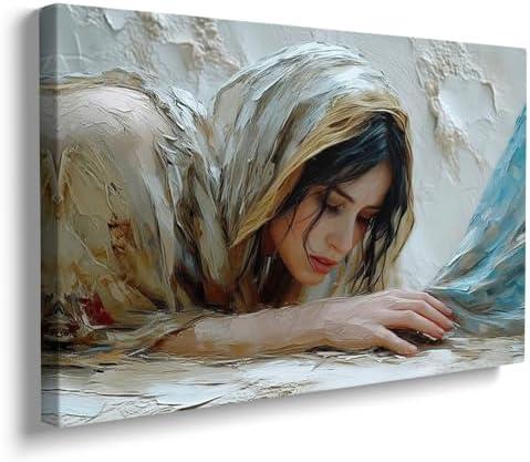 Woman Healed Canvas Wall Art,Framed Jesus' Miracles Wall Art Painting,Bible Art Modern Christian Art Wall Decor Picture Christian Gift Poster Prints for Living Room Church Home Decor 16"x24"