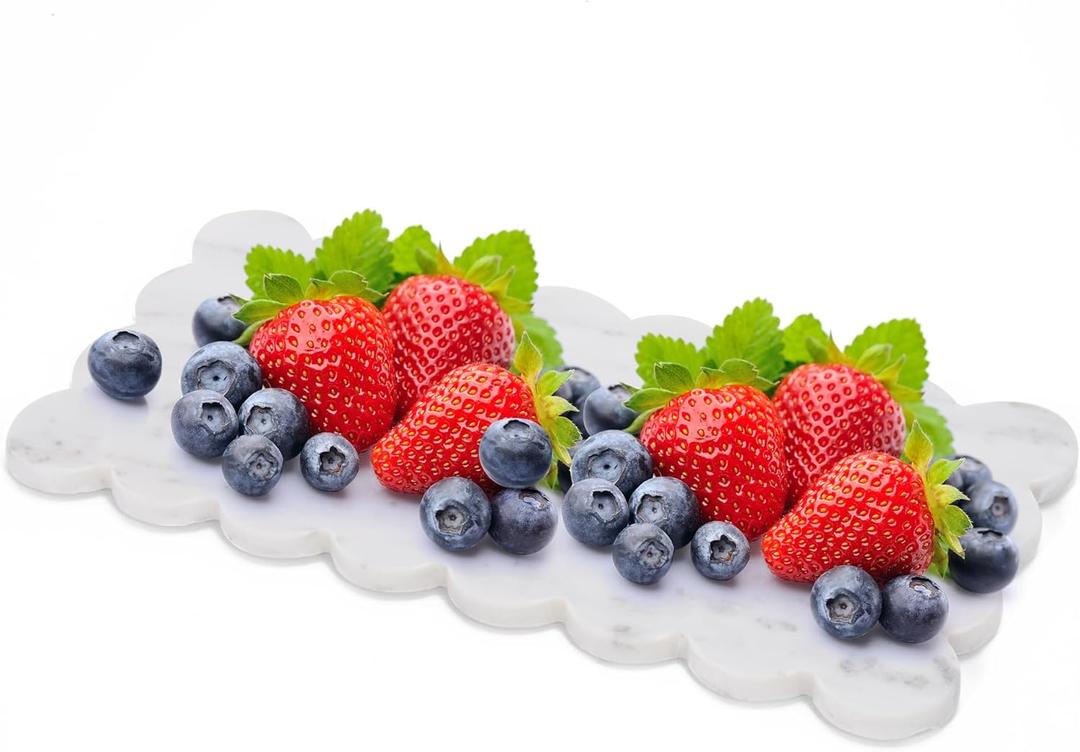 Defined Deco 14" x 7" White Scalloped Cutting Board, Marble Pastry Board, Cheese Board, Cake & Bread Display Tray, Marble Slab Baking Charcuterie Board for Kitchen Serving, Decorative Tray