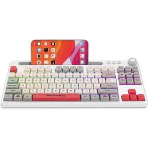 DK8701 75% Hot Swappable Mechanical Keyboard with Phone Holder, 3 BT5.1 Wired & Wireless Gaming Keyboard with RGB Backlit, PBT Keycaps, White Clicky Switch for PC Mobile Gamer and Typing