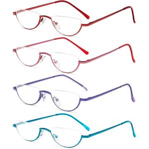 REAVEE 4 Pack Half Lens Reading Glasses for Women Retro Designer Metal Frame Half Moon Readers Spring Hinges with Pouch, Red Pink Blue Purple 2.0
