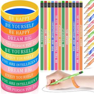 Sabary 48 Pcs Motivational Pencils Inspirational Silicone Bracelets Set Mood Pencil Motivational Quote Rubber Wristbands for Christmas Gifts(Colorful Background) (7.48 Inch)