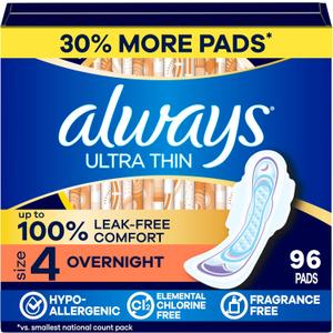 Always Ultra Thin Feminine Pads with Wings for Women, Size 4, Overnight Absorbency, Unscented, Up to 100% Leak-Free Comfort, 96 Count
