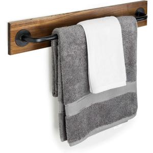 MyGift Industrial Pipe Towel Bar, 28 Inch Bathroom Wall Mounted Towel Holder with Metal Rod Rustic Burnt Wood Bathroom Sets, Farmhouse Towel Holder