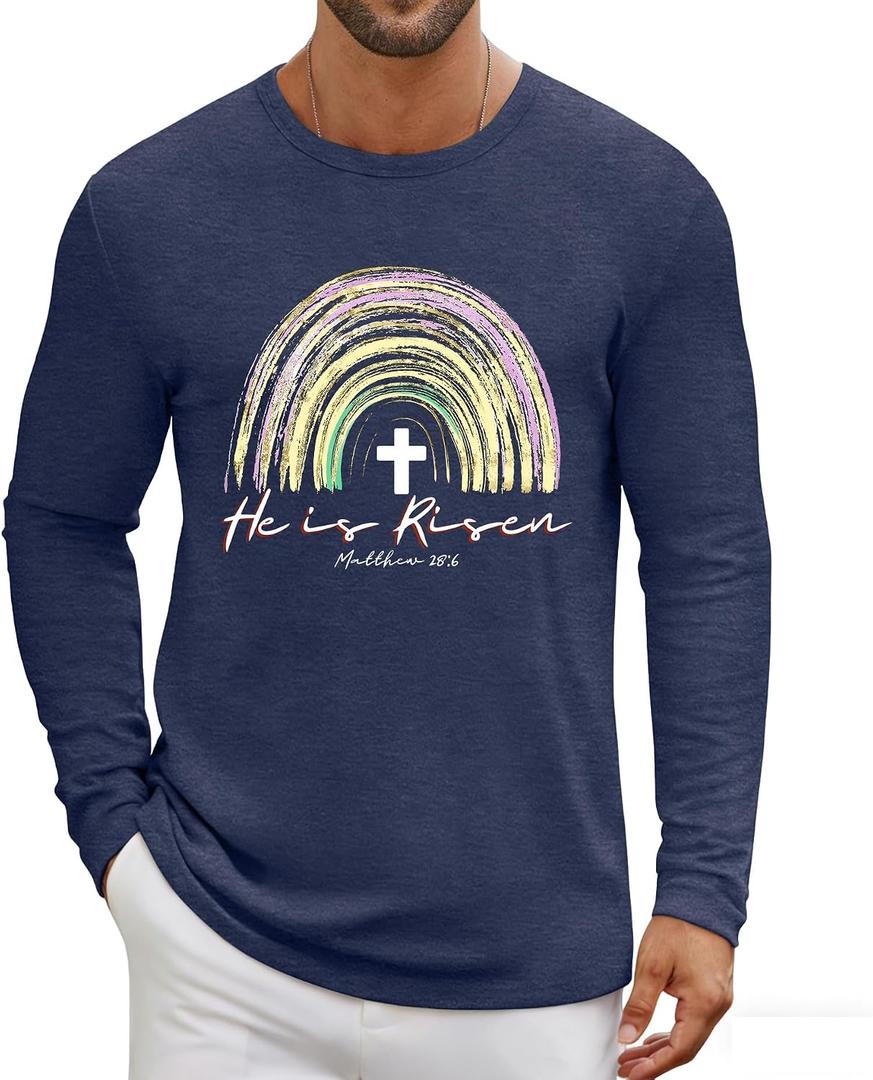 LAZYCHILD Easter Shirts for Men: He is Risen Shirt Christian Easter T-Shirt Easter Long Sleeve Gifts Tee Tops (Blue, XXL)