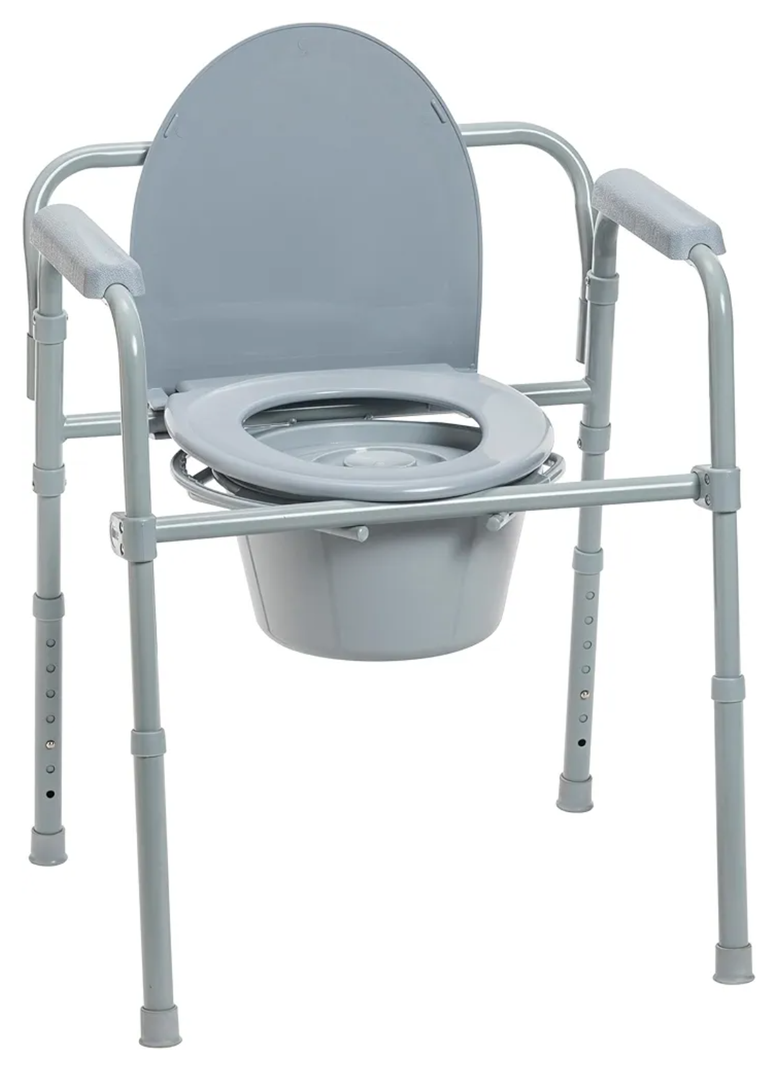 Drive Medical 11148-1 Folding Steel Bedside Commode Chair, Portable Toilet, Supports Individuals Weighing Up To 350 Lbs, with 7.5 Qt. Bucket and 13.5 Inch Seat, Grey
