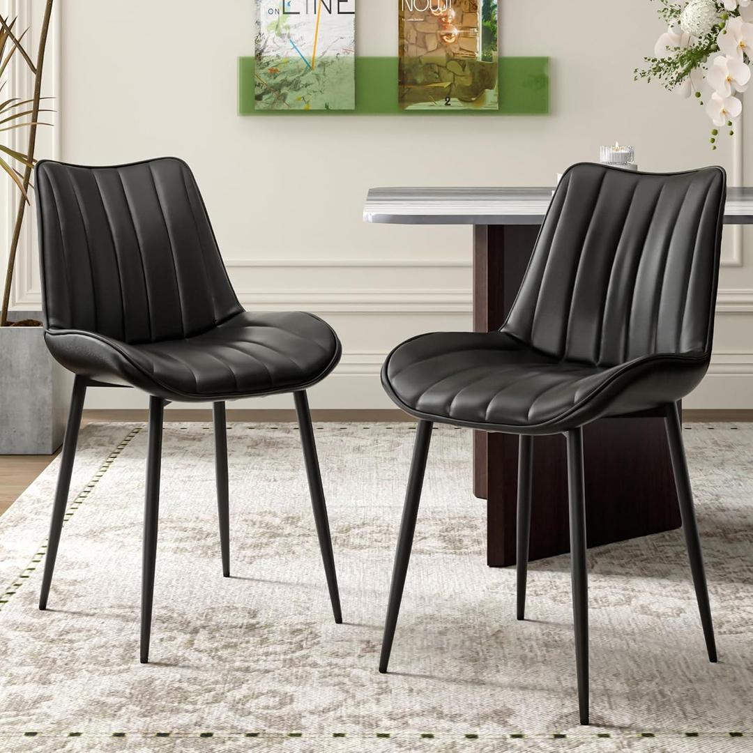 VECELO Dining Chairs Set of 2, Vegan Leather Fabric & Metal Frame, Mordern Style for Kitchen, Living Room,Offcie, Black