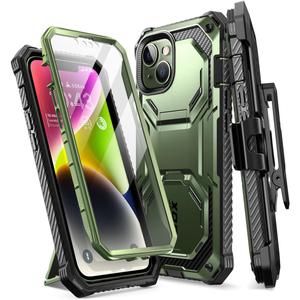 i-Blason Armorbox for iPhone 14 Plus Case with Stand & Belt Clip [Built-in Screen Protector] [Military-Grade Protection] Full-Body Rugged Kickstand Protective Bumper Case for iPhone 14 Plus (Guldan)