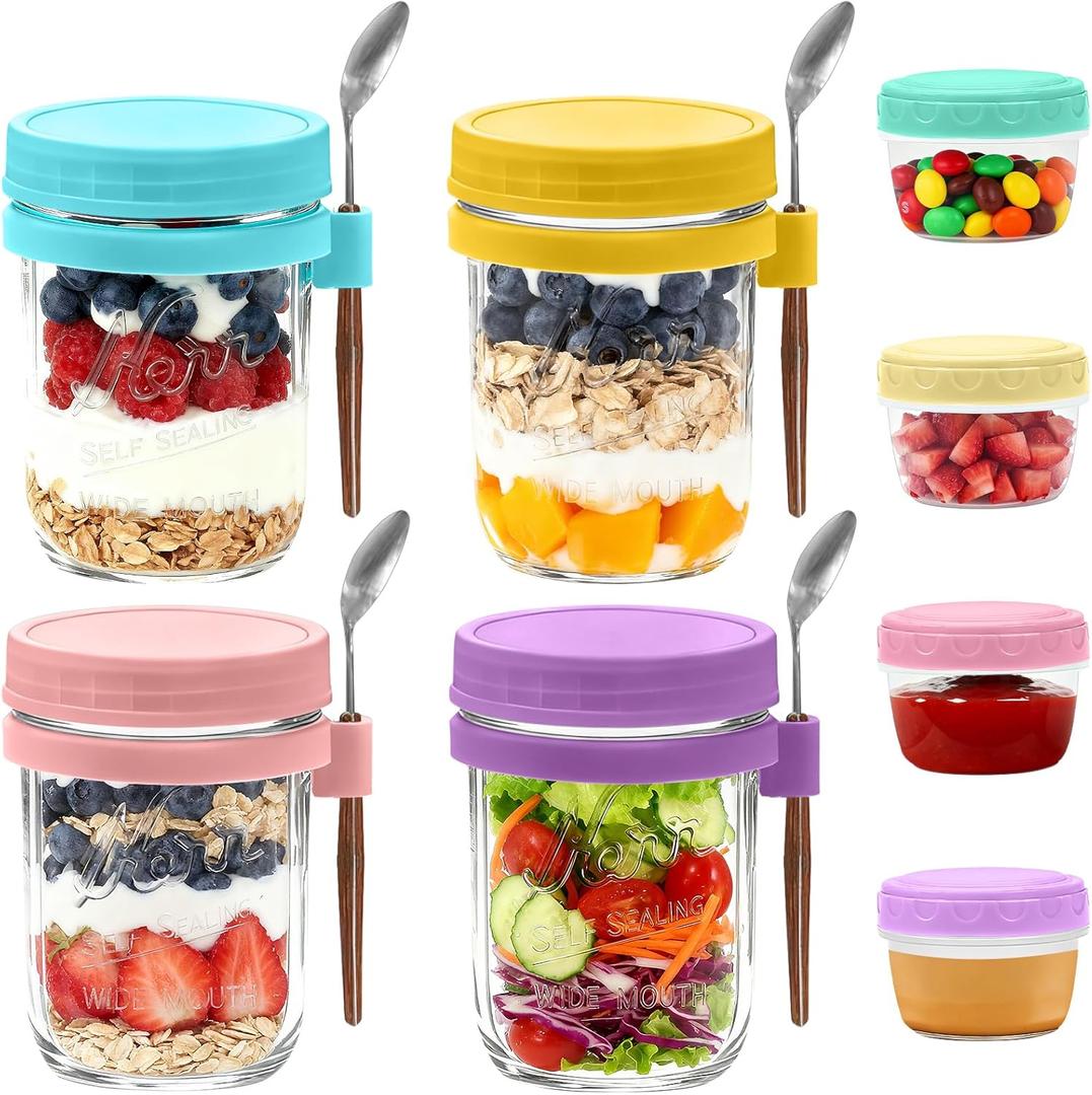Overnight Oats Containers with Lids, 4-pack Overnight Oats Jars with Spoons and Small Containers, 16oz Glass Mason Jar with Airtight Lid, Chia Pudding Jars Yogurt Containers with Lids, Gifts for Women (Multicolor(Pink+Purple+Turquoise+Bright Yellow))