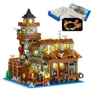 1881PCS Fishing Village Cabin Mini Building Blocks Toys with Led Lighting,Creative Ideals Fishing House Architecture Building Sets, Best Choice for 6+ Boys, Girls or Adults(Not Compatible with Lego)