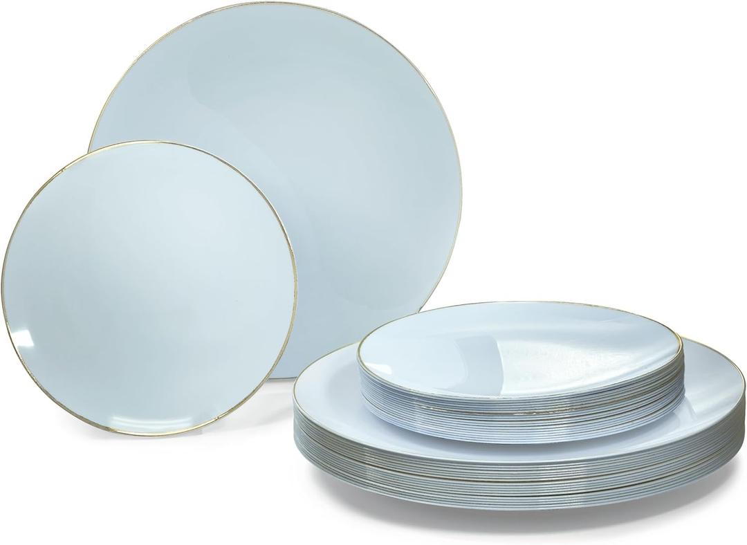 KIRE 100PCS Silver Plastic Plates - Heavy Duty White Disposable Plates with Silver Rim for Party/Wedding - Include 50Pcs 10.25inch Dinner Plates and 50Pcs 7.5inch Dessert Plates