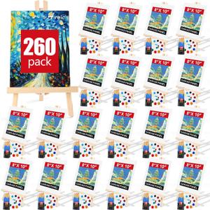 AROIC 260 Pack Easel and Canvas Sets with 20 Wood Easels,200 Brushes,20 Canvas and 20 Palette, Painting Set, Tabletop Easel, Art Easels, Painting Supplies for Kids & Adults to Paint Party