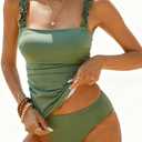 Tankini Swimsuits for Women Swimwear Ruffle Square Neck High Waisted Tummy Control Two Piece Swimsuit Vintage Bathing Suit (S)