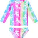 Snowheart Girls Rash Guard Sets Long Sleeves Swimsuit 2 Pieces Tankini Bathing Suit Swimwear for Girls 3-12 Years ( Rainbow Unicorn)