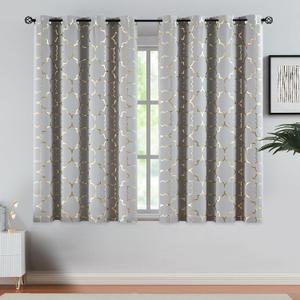 Purainbow Grey Blackout Curtains for Bedroom Living Room with Gold Foil Print Panels Room Darkening Energy Saving Grommet 95% Blackout Short Drapes for Patio Hall Studio, 2 Panels, 52" Wx54 L