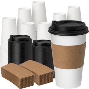YEEHAW 16 oz 100 Pack Disposable Paper Coffee Cups with Lids & Sleeves, To Go Hot Cups for Coffee, Hot Beverage Drinking Cup, Ideal for Cafes, Bistros