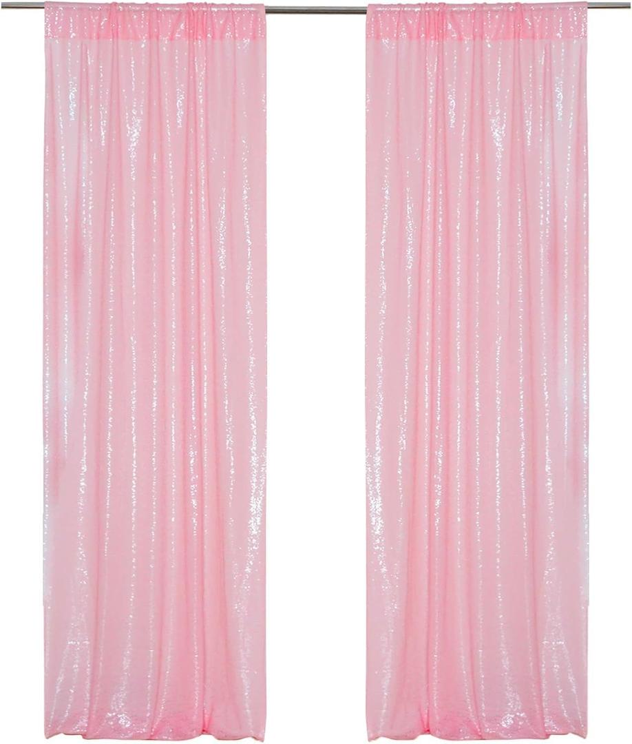 PartyDelight Pink Sequin Backdrop Curtains 2x8ft 2 Panels - High Density 3mm Shimmer Sequin Background Sparkly Photography Drapes for Baby Showers Princess Birthdays, Nursery Decor & Event Decor