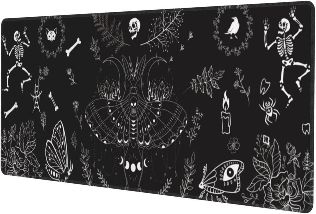 Moth Gaming Mouse Pad XL Halloween Elements Large Extended Non Slip Rubber Base Desk Mat Stitched Edge Keyboard Mat 31.5x11.8 Inch