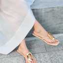 Coutgo Womens Flat Sandals Comfortable Flip Flops Slide Sandals Summer Beach Shoes with Metal Decoration (Beige), Size 8