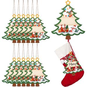 Blosssound 18 Pcs Christmas Stocking Name Tags Xmas DIY Wooden Name Signs Hollow Double Sided Xmas Tree Wood Stocking Tag for Christmas Stockings Home Decor Present Tags Hanging Ornaments (Green)