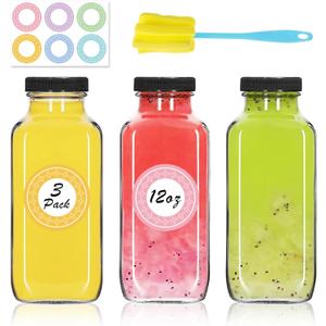 3 Pack 12oz Glass Water Bottles, 350ml Empty Glass Juice Bottles with Black Lids, Brush & Labels, Clear Reusable Drinking Jars for Juicing, Homemade Smoothies, Beverages