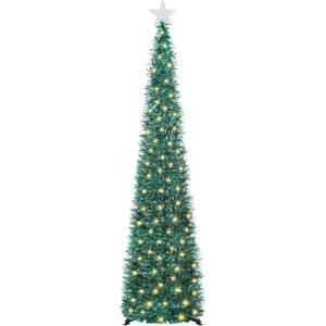 SINTENILL 6 FT Pop Up Christmas Tree with 100 LED Timer Lights & Remote, Green Collapsible Christmas Tinsel Tree Artificial Pencil Tree Xmas Decoration for Holiday Home Office Party, USB Powered
