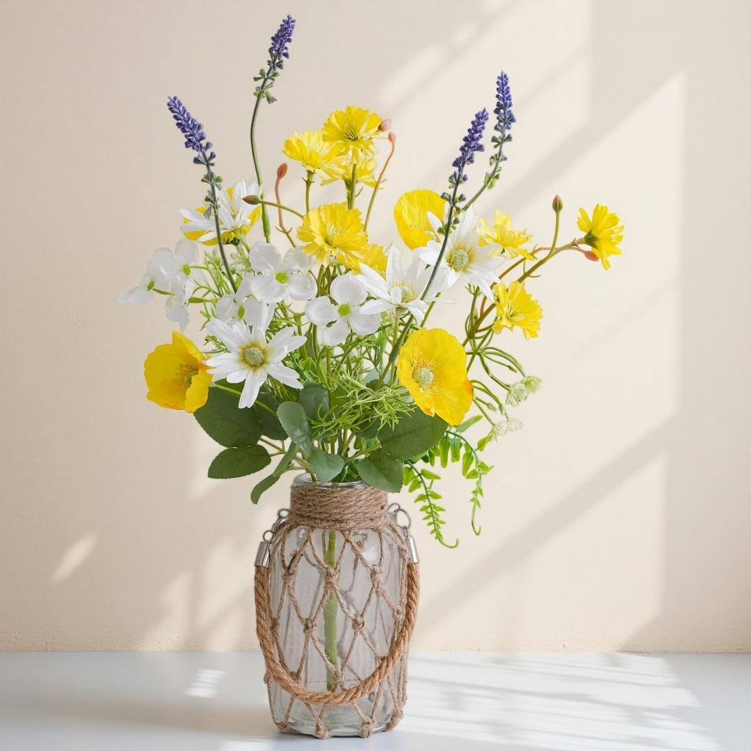 LUEUR Fake Flowers with Vase  Artificial Poppy & Sunflower Arrangement in Yellow, Spring Floral Centerpiece for Coffee Table, Dining Room, Kitchen & Farmhouse Home Decor