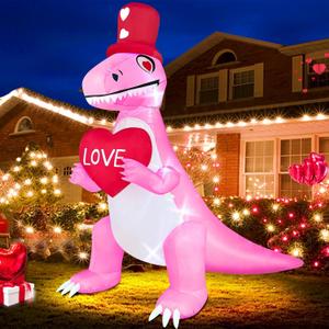 TURNMEON 8 Ft Long 6 Ft Tall Giant Valentines Day Inflatables Dinosaur Decorations Outdoor Blow Up Pink Dinosaur Holds Loves Heart with LEDs Valentine Day Decor for Yard Garden Lawn Wedding Party