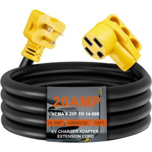 10ft NEMA 6-20P to 14-50R EV Charger Adapter Cord, 20 Amp 3 Prong Male to 50 Amp 4 Prong Female Adapter with Handle, Only for Tesla or EV Charging, SJTW 10 AWG/3C, ETL Listed