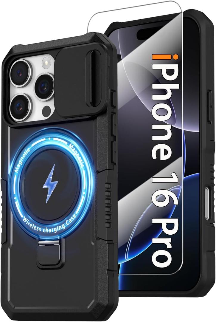 Magnetic Case for iPhone 16 Pro with Ring Stand [Glass Screen Protector] [Compatible with MagSafe] Military Grade Case with Camera Cover, Heavy Duty Shockproof Cover for iPhone 16Pro 6.3 inch, Black