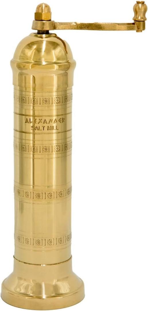 Alexander Home Original Greek Salt Mill, 8-Inch Brass European Manual Salt Grinder Refillable, with Polishing Cloth