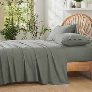 Entisn Pure Cotton Sheets Twin Size Bed Set 3 Pieces, 400 Thread Count Cotton Sheet Set with All Around Elastic for Snug Fit, All Seasons Breathable & Soft Bedding, 16 Inch Deep Pocket, Light Grey