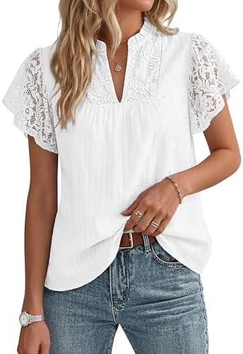 GRACE KARIN Womens Lace Short Sleeve Tops Summer Dressy Casual Cotton Blouses Flowy V Neck Dress Shirts Trendy Clothing 2026, M