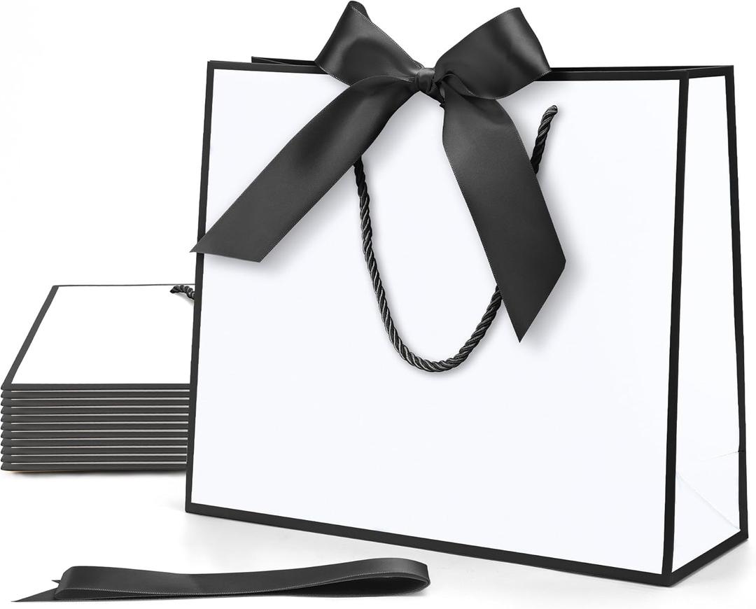MOXARYSU Gift Bags With Handles: 11.8x4x10 Inch 24pcs Medium Large With Bow Ribbon For Wedding, Thanks Bridesmaid, Birthday Party (White-Black