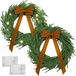 Daifunli 2 Pack 20 Inch Light up Christmas Norfolk Pine Wreaths with Khaki Bows Artificial Realistic Green Wreath with Pre-lit LED for Front Door Wall Mantle Outdoor Xmas Windows Porch Decor