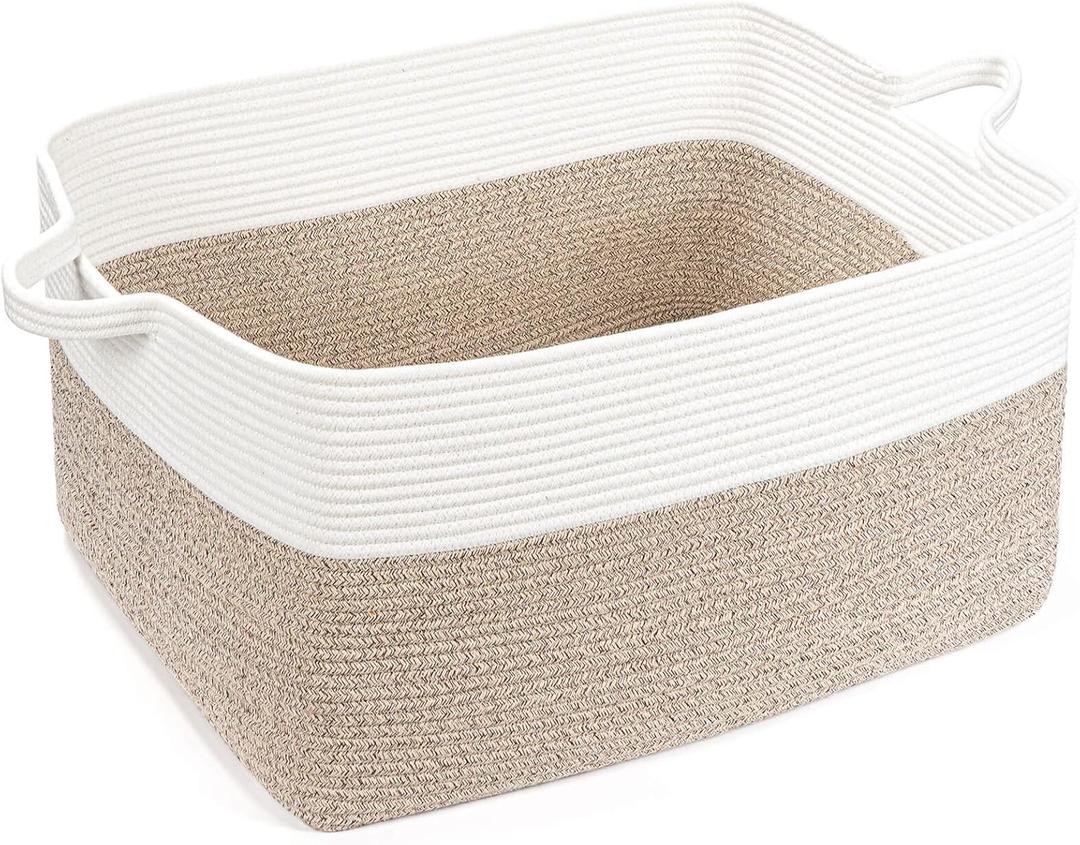 ZLG Extra Large Rectangle Storage Basket 72L Rope Blanket Basket Living Room Pillow Basket Baby Toy Organizer Woven Storage Bin for Kids with Handles Dirty Clothes Storage Hamper, 22 x 17 x 12 inches (White&Brown)