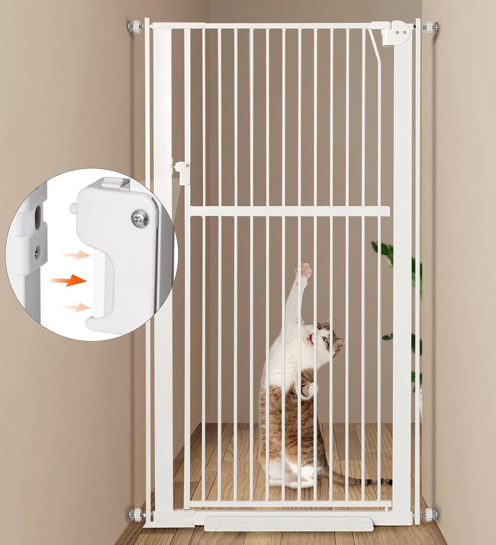 59” Extra Tall Pet Gate, Durable Metal Cat Gate with Double Safety Lock & Walk Thru Door - Self Closing/Stay Open/Open Both Ways, Pressure Mounted Dog Gate for Indoor Stairs, Doorways, Hallways, Size: 29.5"-33.4" Wide